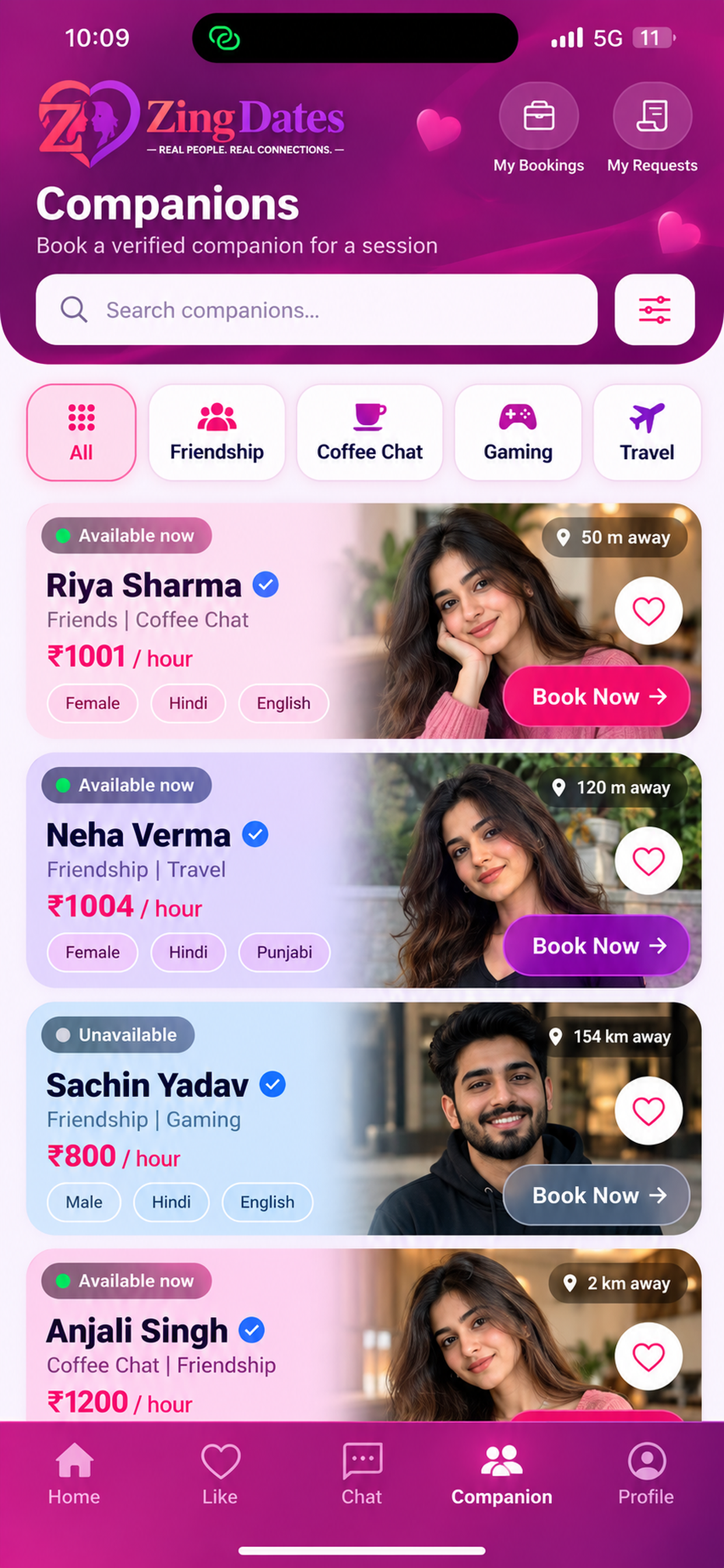 ZingDates app โ Companions screen