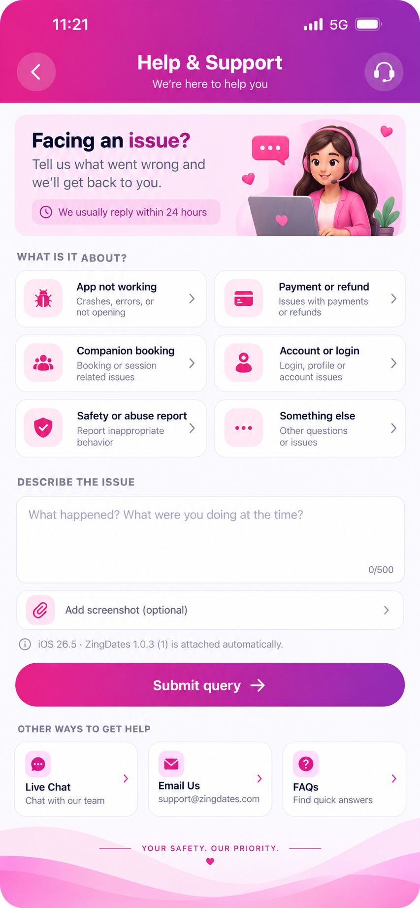 ZingDates app โ Support screen